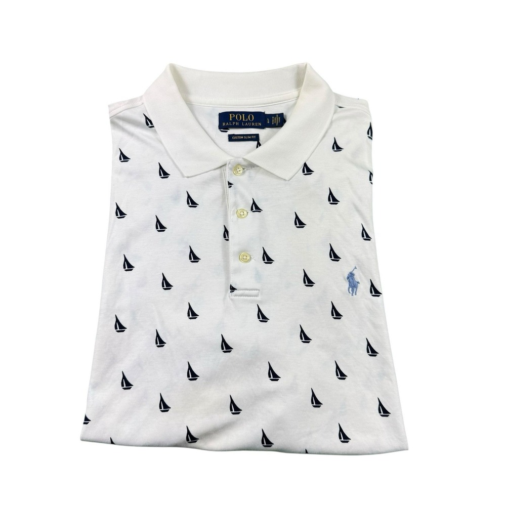 Polo Ralph Lauren Mens Sailboat AOP Cotton Custom Slim Fit Polo Shirt White L